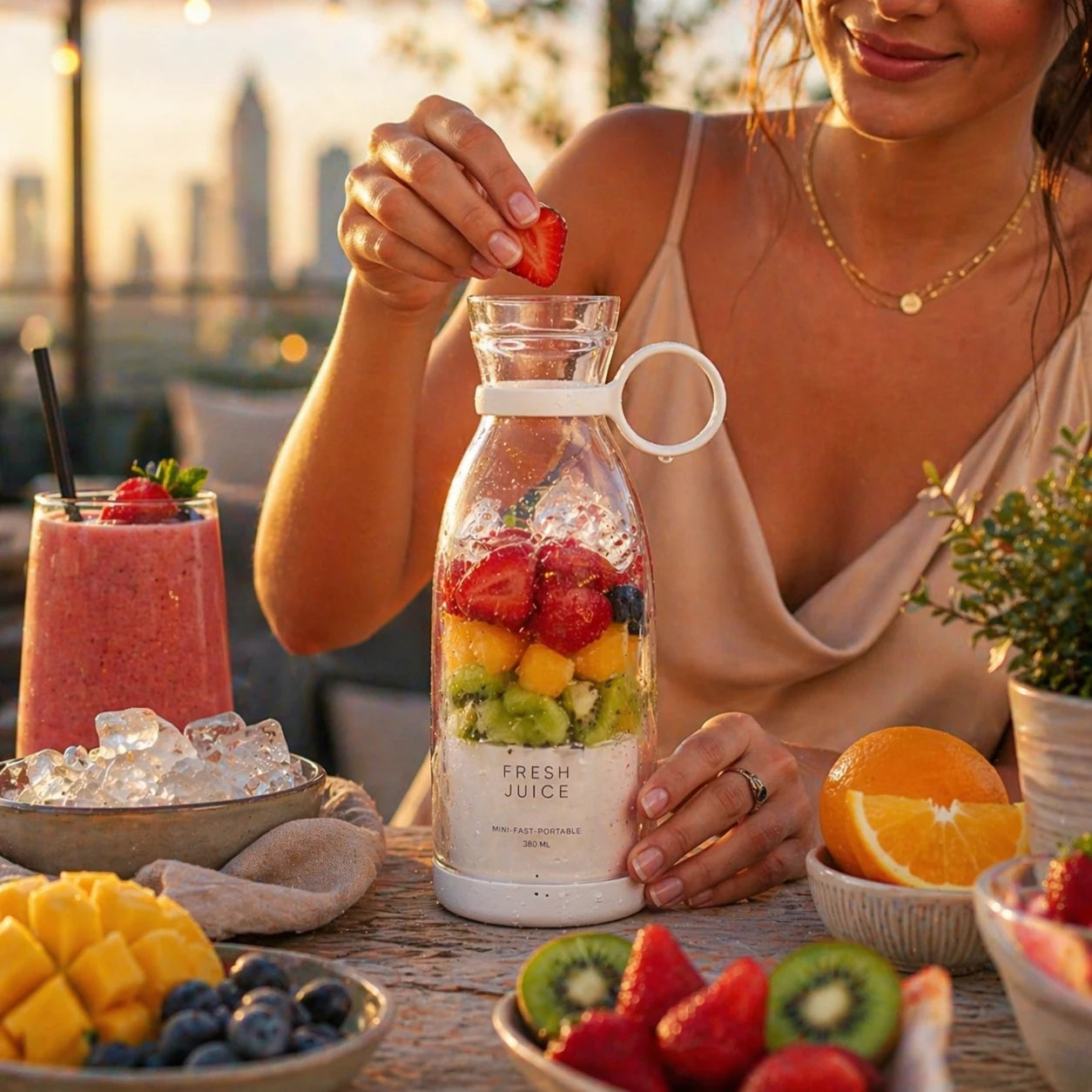 Fresh Juice Blender on a clean kitchen bench — one bottle, one button, thirty seconds to fresh juice