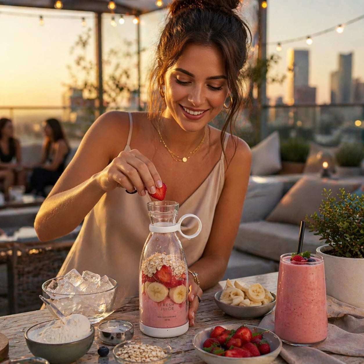 Fresh Juice Blender lifestyle shot — pink portable blender beside fresh fruit on a clean kitchen surface, the Dual-Blade Vortex™ ready for the morning ritual