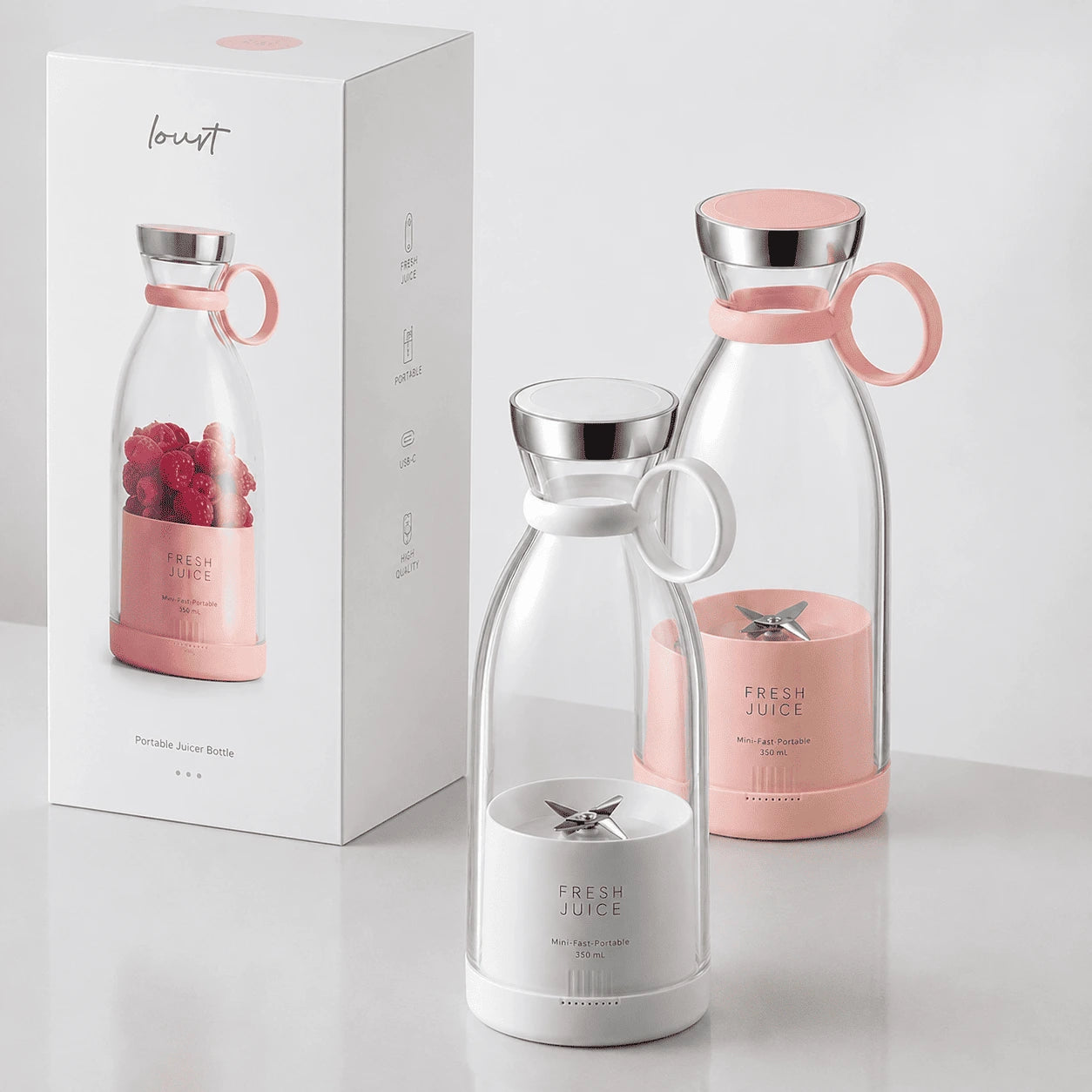 Fresh Juice Blender packaging — premium unboxing with Dual-Blade Vortex™ bottle, charging cable, and ritual guide